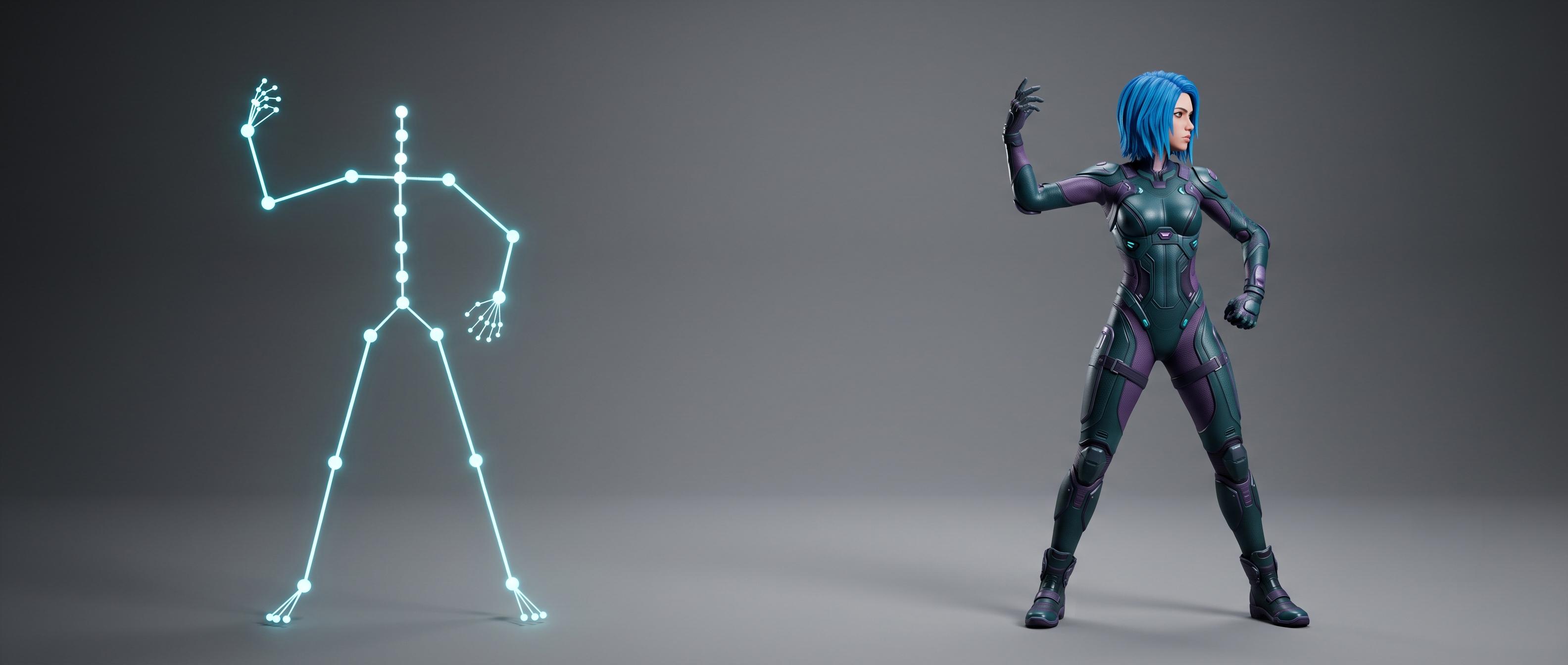Captured skeleton driving a 3D character in real time